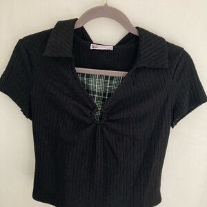 SO Women's Black Ribbed Crop Top & Plaid Skort